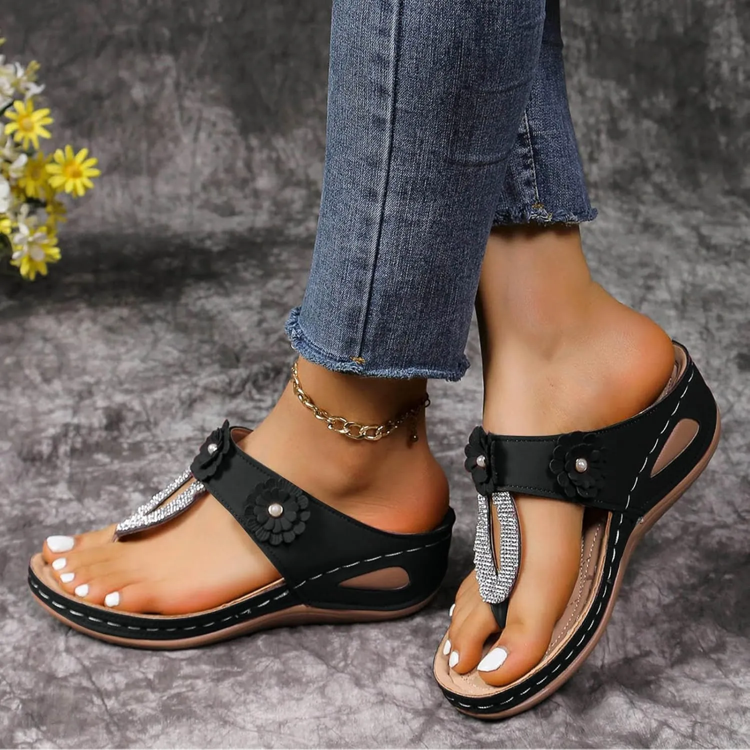 ZSpzx Women's Orthotic Cushion Flip Flops Recovery Walking Sandals for Women Dressy Summer Comfortable Arch Support Wedge Slide Rhinestone Flowers Slip on Memory Foam Plantar Fasciitis Bunion Shoes